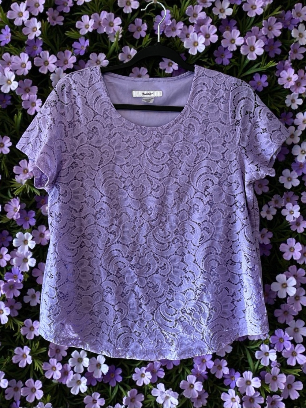 TanJay Purple Floral Patterned Lace Short Sleeve Top